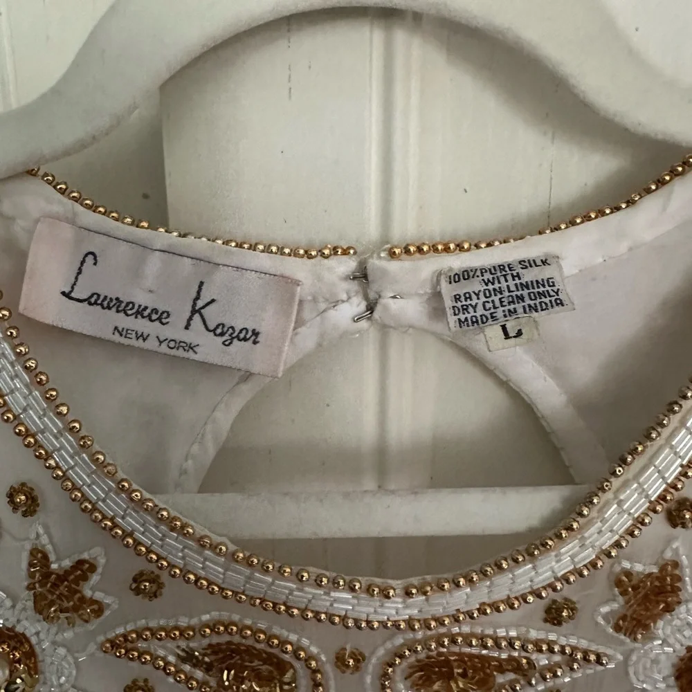 Vintage Lawrence Kazar Silk Beaded Sequined White And Gold Evening Dress Size L - Picture 2 of 7